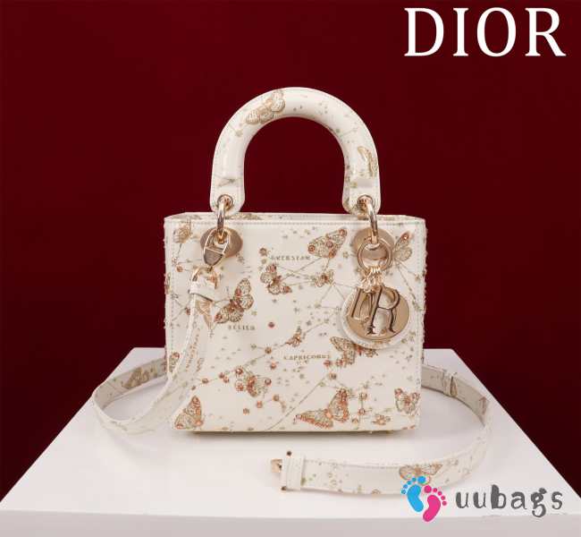 Uubags Lady Dior Small Handbag in White Calfskin with Zodiac Butterfly Print, Gold-Tone Hardware 20x16x8cm - 1