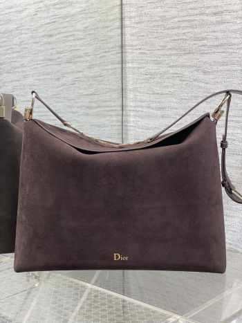 Uubags Dior Large Hobo Bag in Dark Brown Suede & Smooth Calfskin With Gold Hardware 39x29x11cm