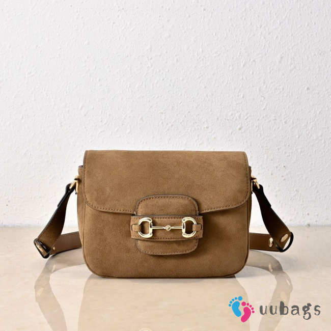 Uubags Gucci Horsebit 1955 Aura mini shoulder bag in brown suede leather 19.5x15x9cm - 1