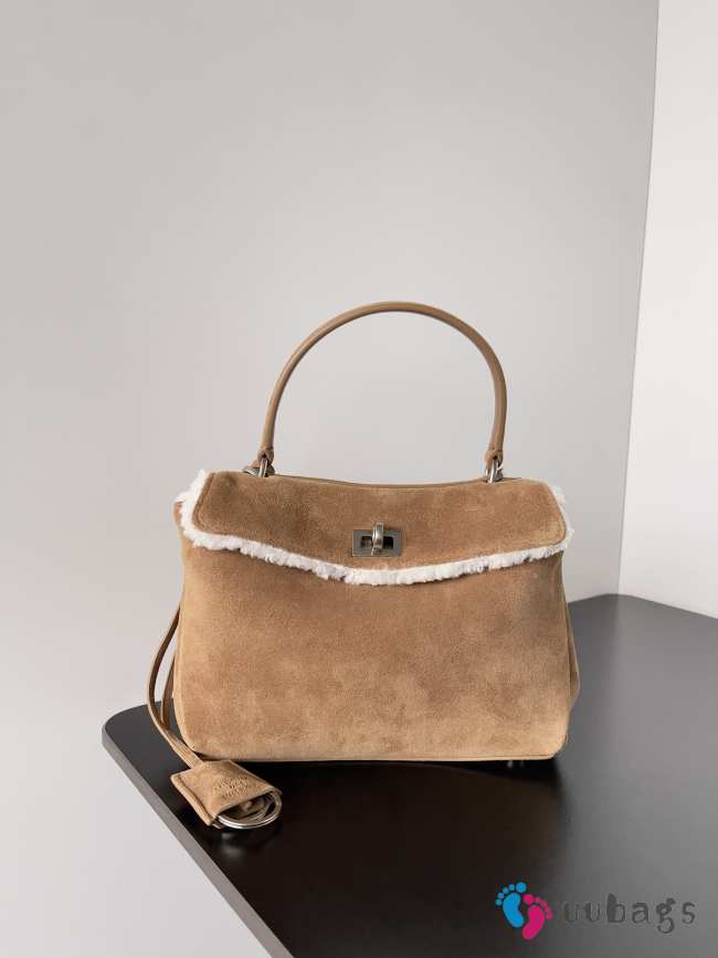 Uubags Balenciaga Rodeo Handbag Mini in noce suede calfskin and white fleecel, aged-silver hardware 23x17x10cm - 1