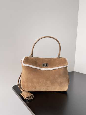 Uubags Balenciaga Rodeo Handbag Mini in noce suede calfskin and white fleecel, aged-silver hardware 23x17x10cm