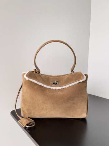 Uubags Balenciaga Rodeo Handbag Small in noce suede calfskin and white fleecel, aged-silver hardware 29x20x10cm