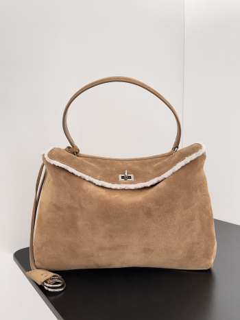 Uubags Balenciaga Rodeo Handbag Medium in noce suede calfskin and white fleecel, aged-silver hardware 35x23.5x11cm