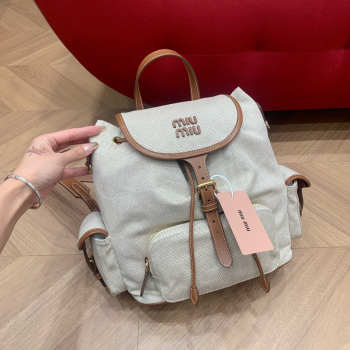 Uubags Miu Miu small canvas and leather backpack beige/brandy 18x22x11.5cm