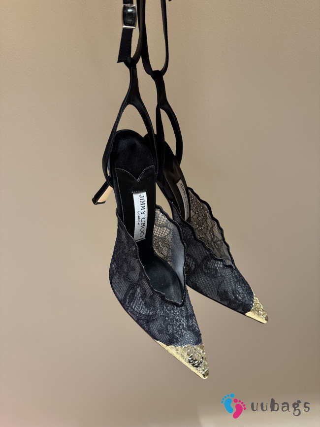 Uubags Faiz 100 Black Jimmy Choo Lace Pumps with Metal Lace Detail - 1