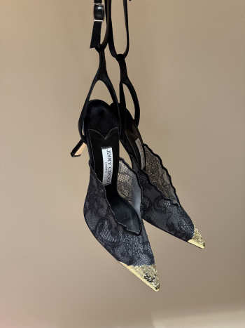 Uubags Faiz 100 Black Jimmy Choo Lace Pumps with Metal Lace Detail