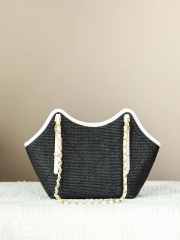 Uubags Chanel Shopping Bag Braided Raffia, Calfskin & Gold-Tone Metal In Black & White 28x20x7cm - 4