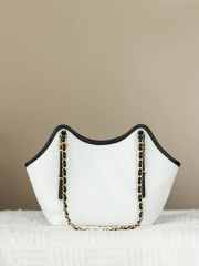 Uubags Chanel Shopping Bag Braided Raffia, Calfskin & Gold-Tone Metal In White & Black 28x20x7cm - 6