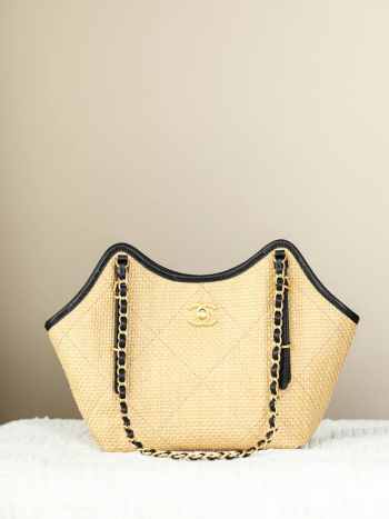 Uubags Chanel Shopping Bag Braided Raffia, Calfskin & Gold-Tone Metal In Beige 28x20x7cm