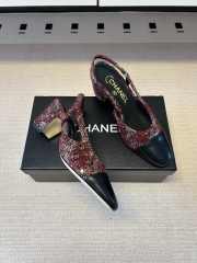 Uubags Chanel Tweed Slingback Pumps with Camellia Motif – Burgundy Tweed & Black Cap Toe - 6