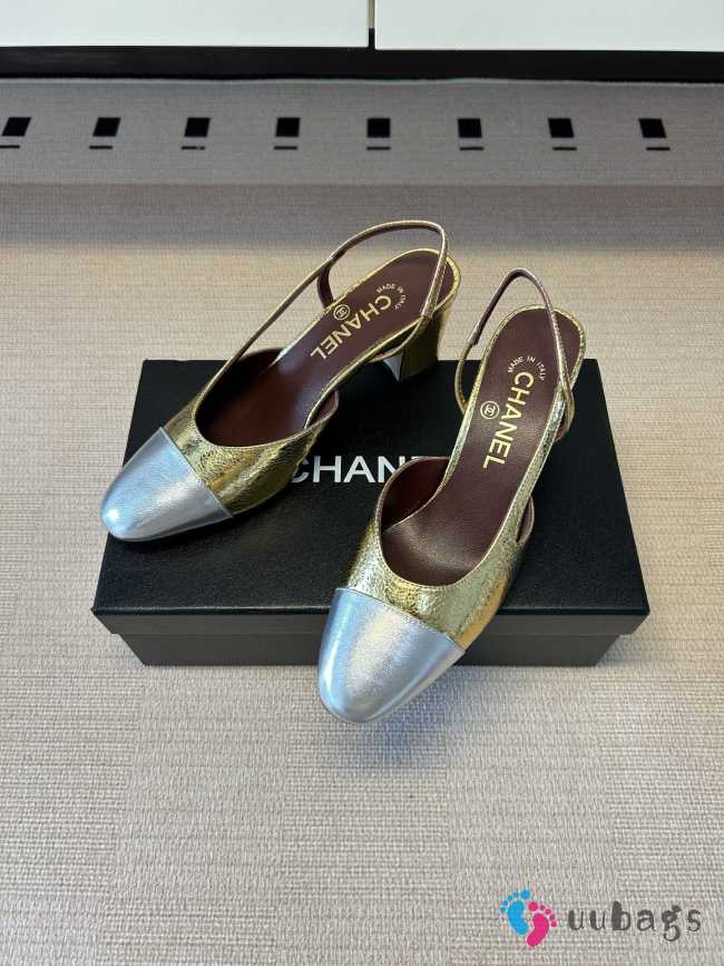 Uubags Chanel Slingback Shoes Metallic-finish Lambskin & Grosgrain Fabric Pale Gold & Silver 6.5cm - 1