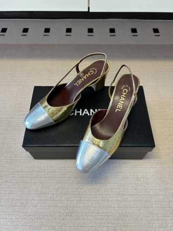 Uubags Chanel Slingback Shoes Metallic-finish Lambskin & Grosgrain Fabric Pale Gold & Silver 6.5cm