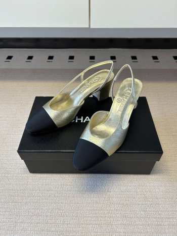 Uubags Chanel Slingback Shoes Metallic-finish Lambskin & Grosgrain Fabric Pale Gold & Black 6.5cm