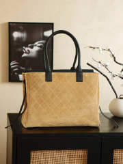 Uubags Chanel Small Coco Handle Bag In Quilted Suede With Grained Calfskin Beige/Black 16x37x29cm - 4