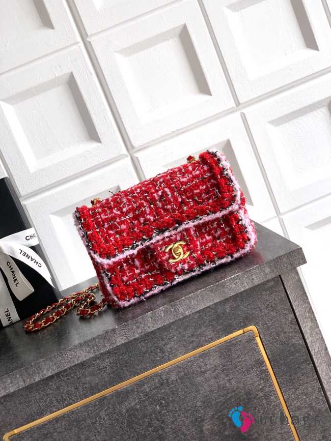 Uubags Chanel classic mini handbag tweed fabric & gold-plated metal red, pink & black 20cm - 1