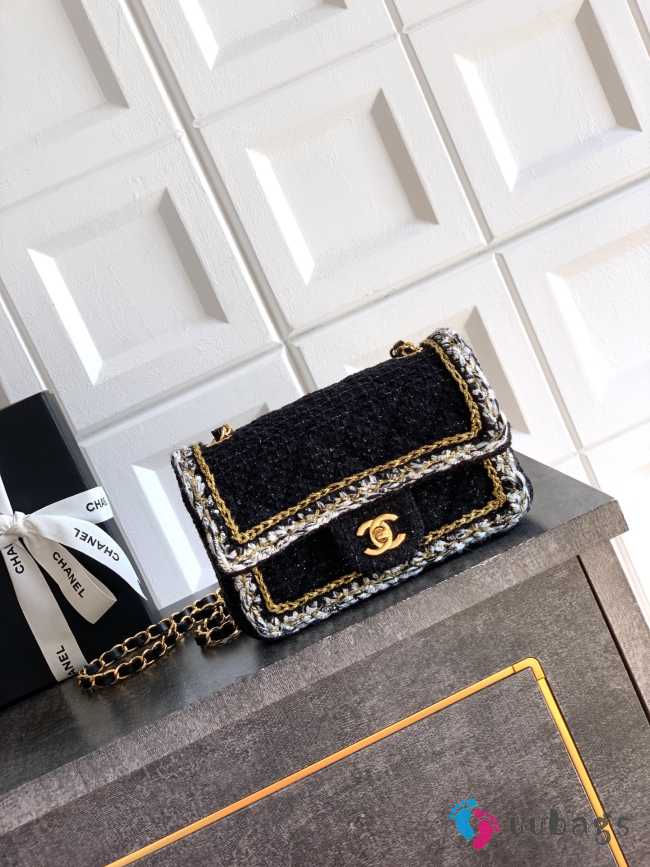 Uubags Chanel Classic Mini Handbag Cotton Tweed Black 20cm - 1