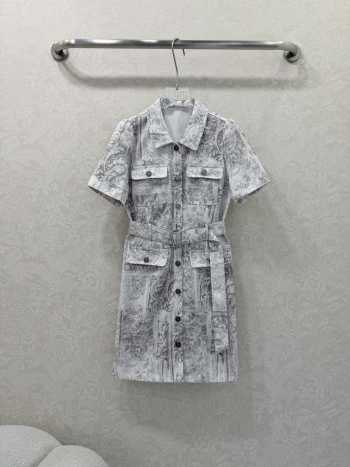 Uubags Dior Belted Dress Beige Dior Barocco Cotton-Linen Denim