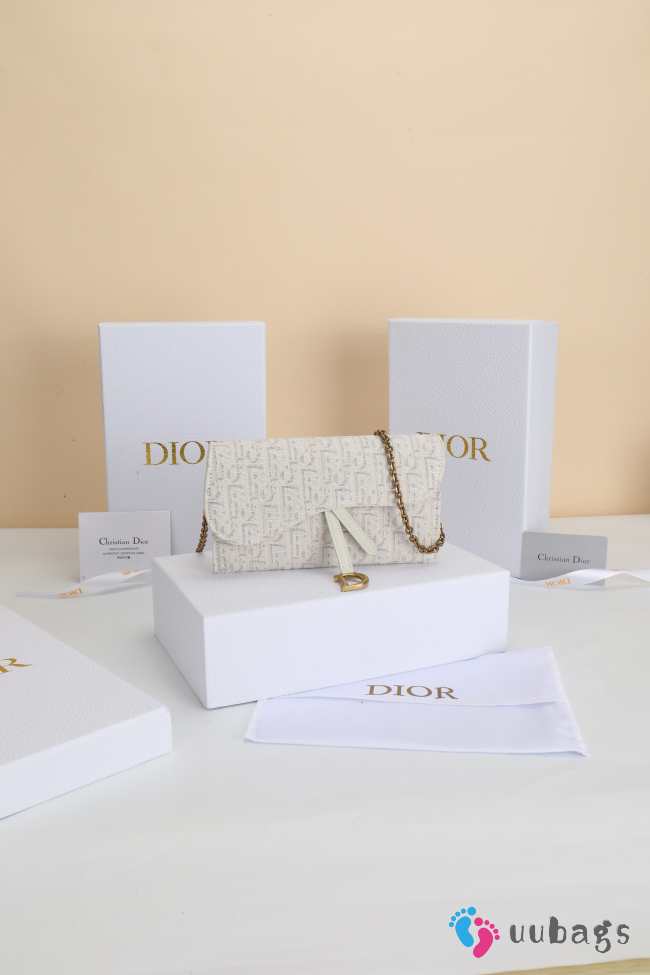 Uubags Dior Saddle Long Wallet With Chain In White Dior Oblique Jacquard 19x9.5x3cm - 1