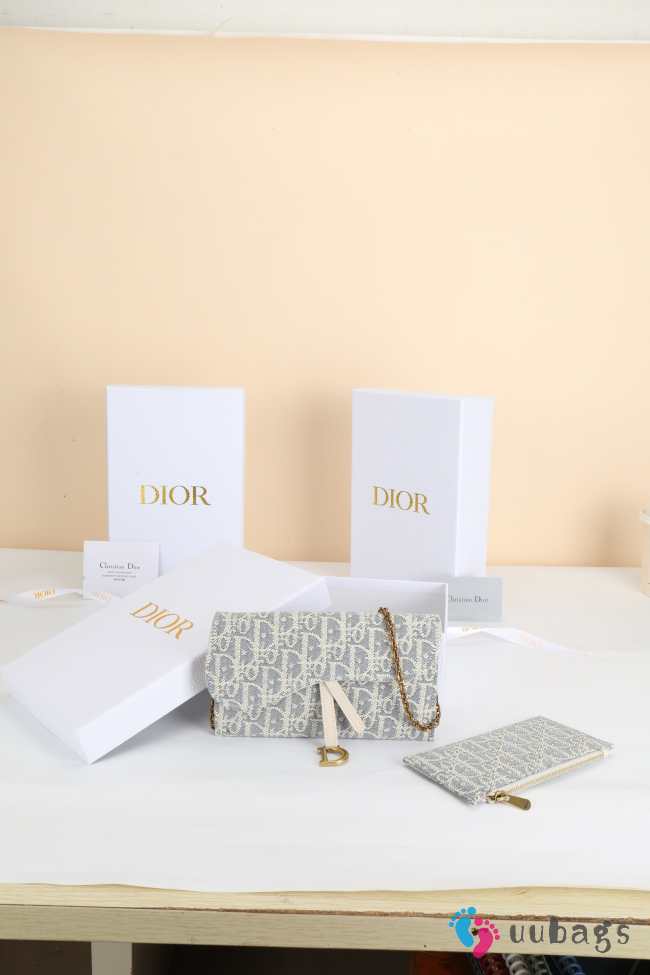 Uubags Dior Saddle Long Wallet With Chain In White & Grey Dior Oblique Jacquard 19x9.5x3cm - 1