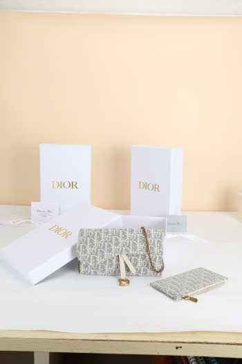 Uubags Dior Saddle Long Wallet With Chain In White & Grey Dior Oblique Jacquard 19x9.5x3cm