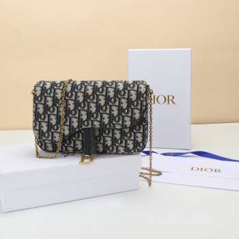 Uubags Dior Medium Saddle Pouch With Chain In Blue Dior Oblique Jacquard 21.5x13.5x4.5cm