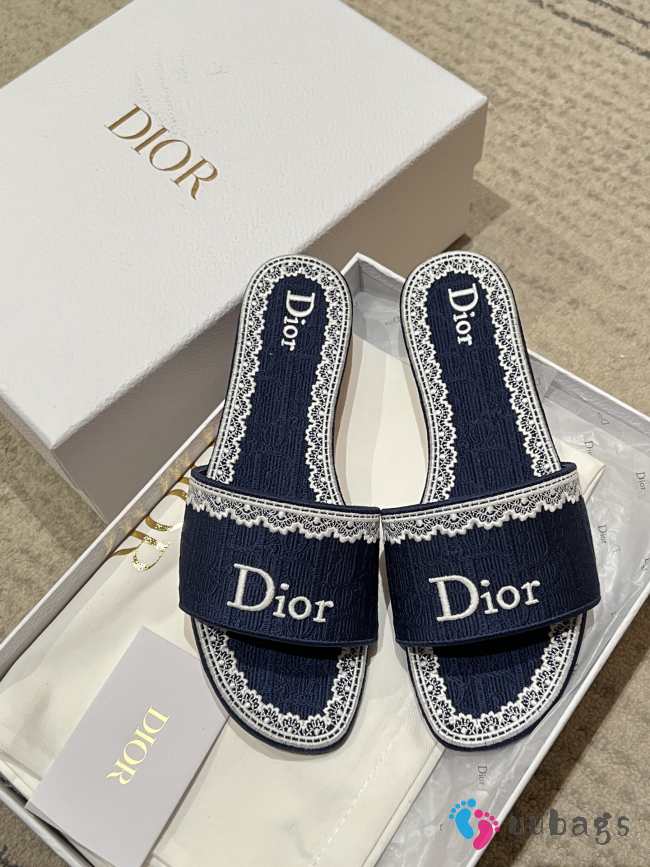 Uubags Dior Dentelle Slides Embroidered Cotton Dior Oblique Dark Blue Trianon And White Lace - 1