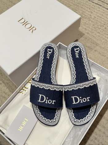Uubags Dior Dentelle Slides Embroidered Cotton Dior Oblique Dark Blue Trianon And White Lace