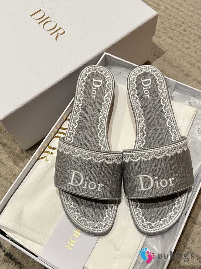 Uubags Dior Dentelle Slides Embroidered Cotton Dior Oblique Grey Trianon And White Lace - 1