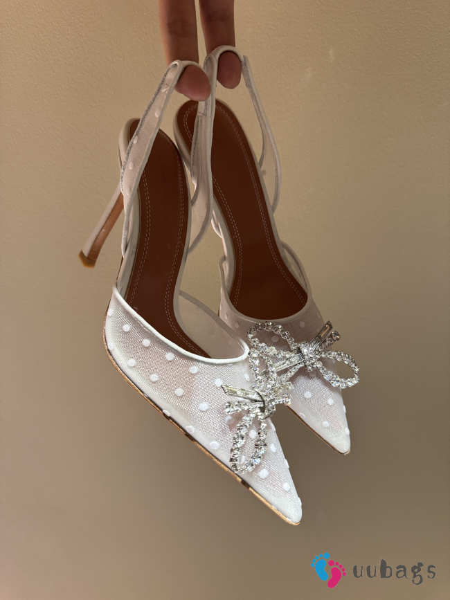 Uubags Amina Muaddi Gilda Crystal Bow Polka-Dot Mesh Slingback Pumps In White 10cm - 1