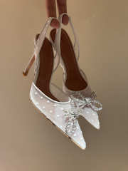 Uubags Amina Muaddi Gilda Crystal Bow Polka-Dot Mesh Slingback Pumps In White 10cm - 1