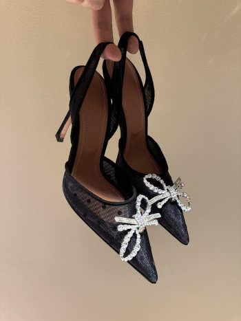 Uubags Amina Muaddi Gilda Crystal Bow Polka-Dot Mesh Slingback Pumps In Black 10cm