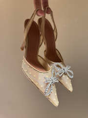 Uubags Amina Muaddi Gilda Crystal Bow Polka-Dot Mesh Slingback Pumps In Beige 10cm - 1