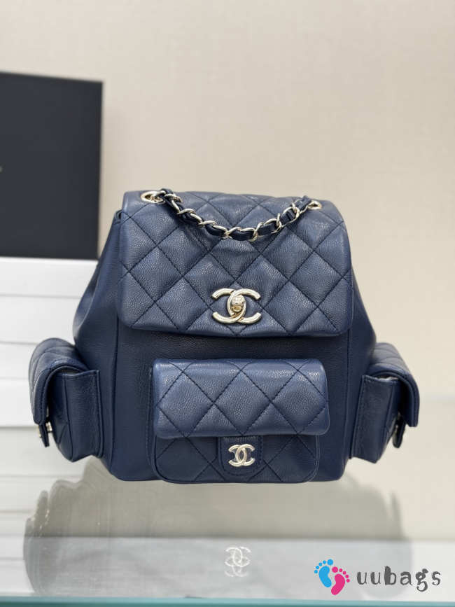 Uubags Chanel Backpack Grained Shiny Calfskin & Gold-Tone Metal Coral Navy Blue 21.5x19.5x12cm - 1
