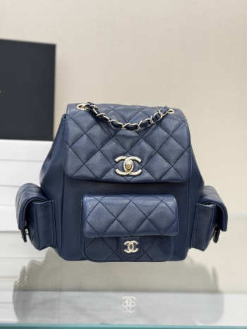 Uubags Chanel Backpack Grained Shiny Calfskin & Gold-Tone Metal Coral Navy Blue 21.5x19.5x12cm