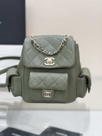 Uubags Chanel Backpack Grained Shiny Calfskin & Gold-Tone Metal Coral Khaki Green 21.5x19.5x12cm