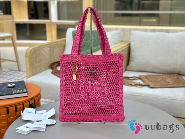 Uubags Chloe Summer Banana tote bag in fuchsia rose raffia 33x37x2cm - 1