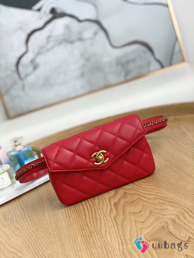 Uubags Chanel Quilted Leather Waist Belt Bag In Red 18x3.5x12cm - 1