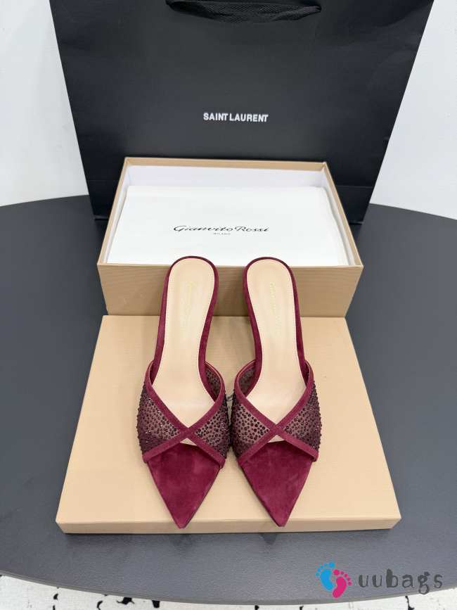 Uubags Gianvito Rossi Burgundy Crystal-Embellished Pointed-Toe Mule 8.5cm - 1