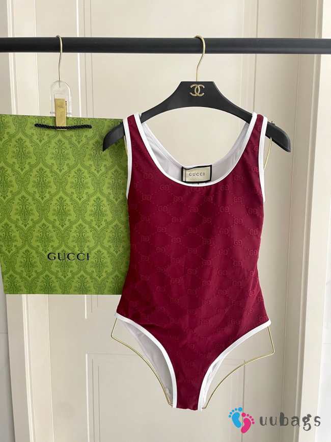 Uubags Gucci Piped terry-jacquard swimsuit in red - 1