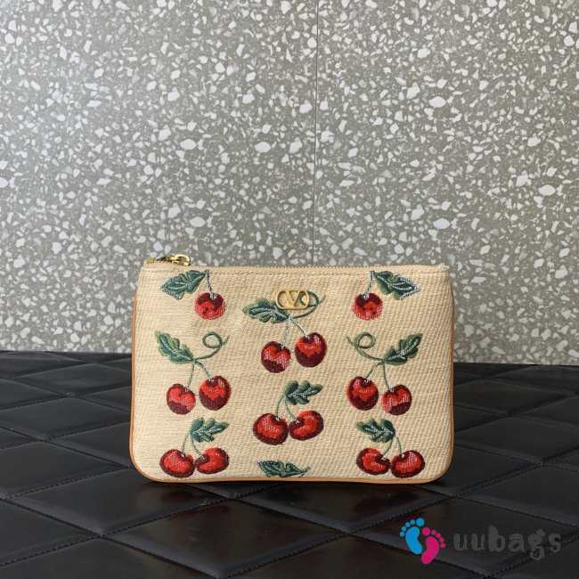 Uubags Valentino Vlogo Signature Pouch In Jacquard Raffia With Cherryfic Pattern 24x16cm - 1