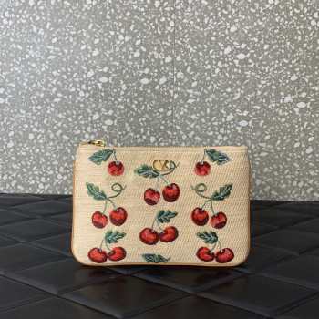 Uubags Valentino Vlogo Signature Pouch In Jacquard Raffia With Cherryfic Pattern 24x16cm
