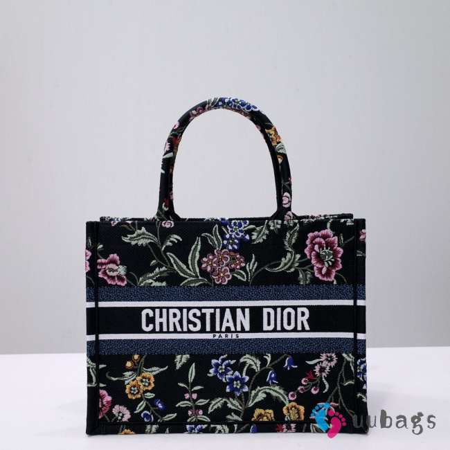 Uubags Dior Small Book Tote Floral Embroidery In Black Multicolor 26.5x21x14cm - 1