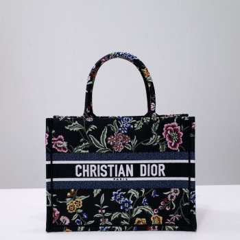 Uubags Dior Small Book Tote Floral Embroidery In Black Multicolor 26.5x21x14cm