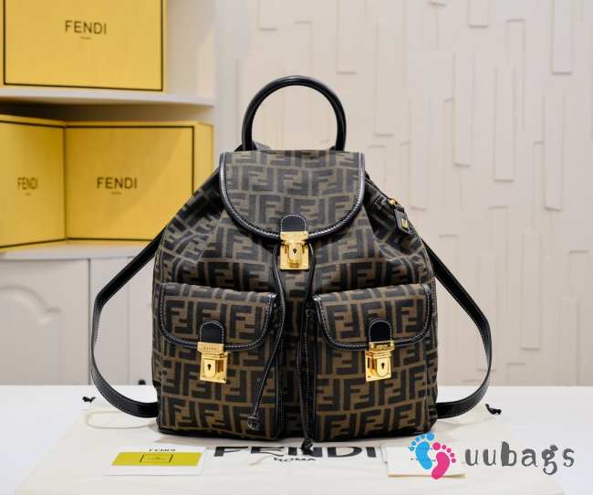 Uubags Fendi Brown & Black Zucca Monogram Canvas Drawstring Backpack 32x5x38cm - 1