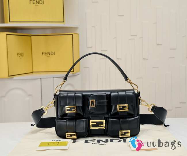 Uubags Fendi Baguette Cargo Multi-pocket Black Leather 2-way Bag 26.5x15x5cm - 1
