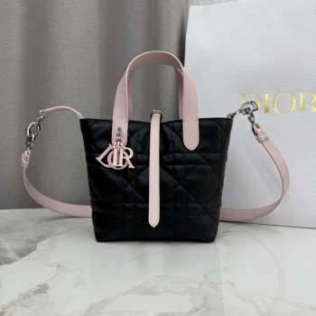 Uubags Small Dior Toujours Vertical Tote Bag Rose Soupir And Black Macrocannage Calfskin 18.5x18.5x12cm