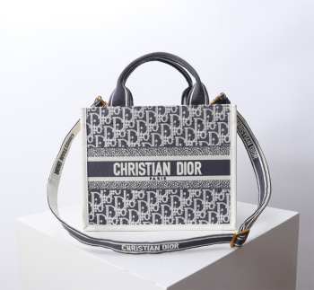 Uubags Small Dior Book Tote Black Dior Oblique Embroidery and Calfskin 26.5x22x14cm