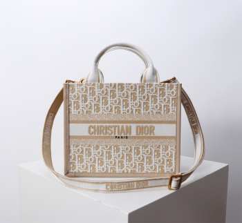 Uubags Small Dior Book Tote Beige Dior Oblique Embroidery and Calfskin 26.5x22x14cm