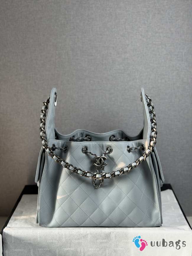 Uubags Chanel 25 small handbag braided raffia-effect canvas, calfskin leather & silver-tone metal in light blue 30x26x14cm - 1