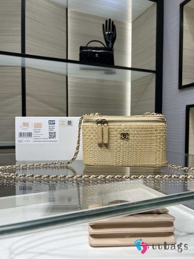 Uubags Chanel classic long vanity bag with shoulder strap braided raffia yarn & gold-colored metal in beige 9.5x17x8cm - 1